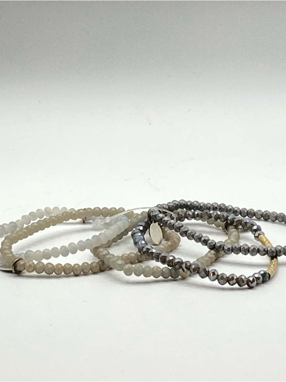 Sugar Stacks Women’s Glass Beaded Stretch Bracelet Set Gray Beige & Pearl Boho